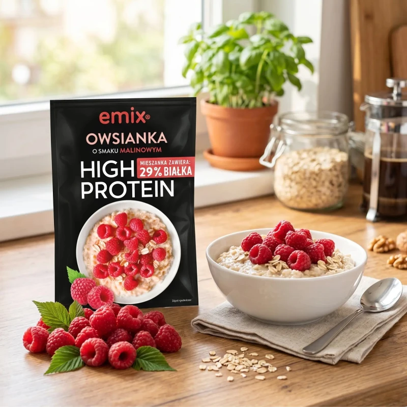 Owsianka proteinowa Emix bez dodatku cukru malinowa 70g w misce oraz obok maliny
