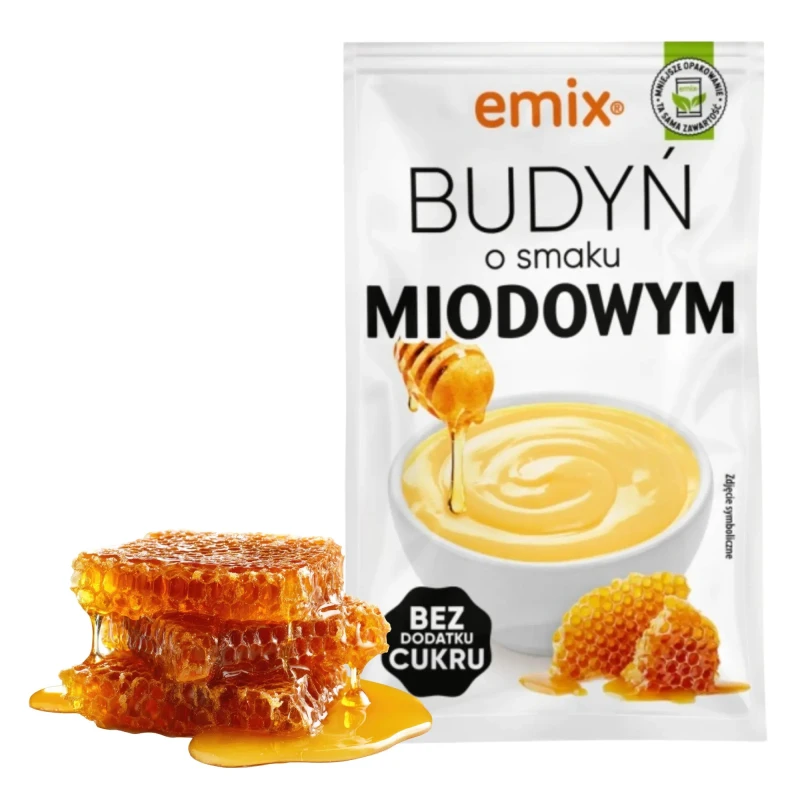 Opakowanie budyń z miodem z plaster miodu po lewej stronie